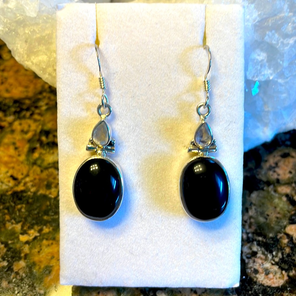 Black Onyx & Rainbow Moonstone Sterling Silver Earring Retail 238.00 NWT